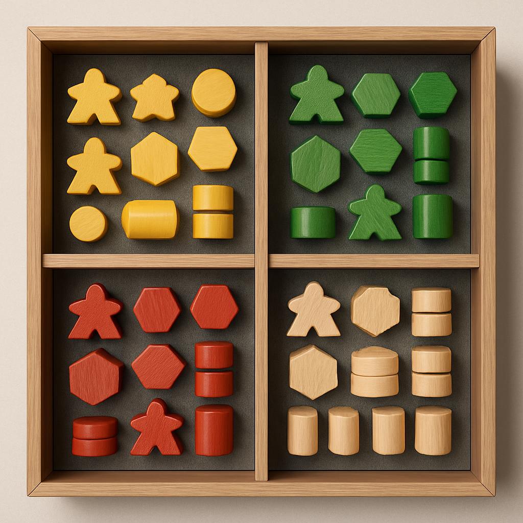A wooden storage box for wooden game pieces in four colors: yellow, green, red, and natural.
