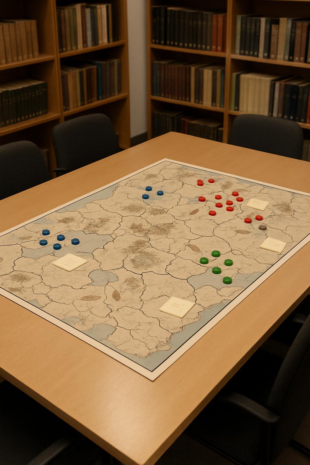 The risk gameplay on a table with a books cabinetry as a background