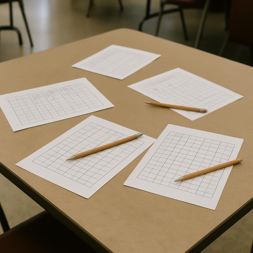 A tan table with a grid of squares on four pieces of white paper, placed in pairs, atop a tan-coloured school desk in a cl...