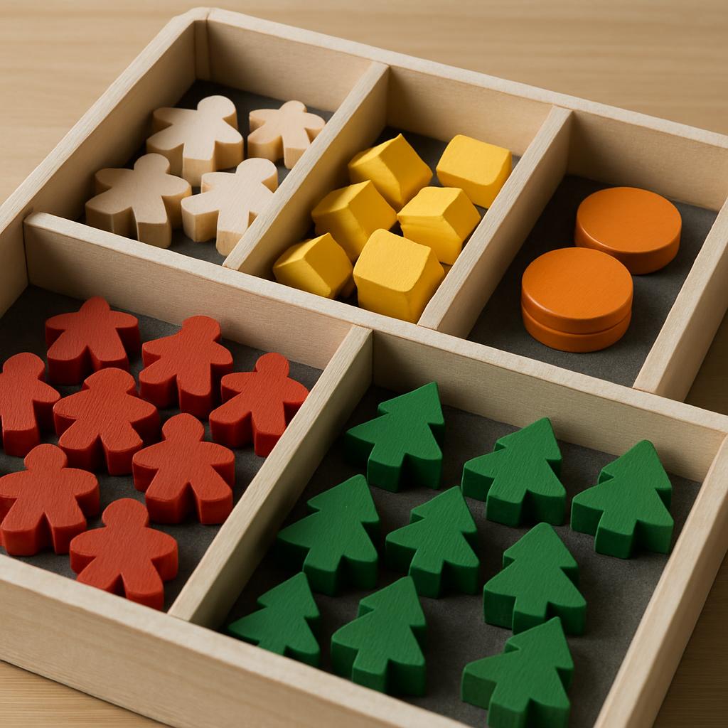 An assortment of wooden game pieces, including people, trees, and shapes, arranged in a wooden box.