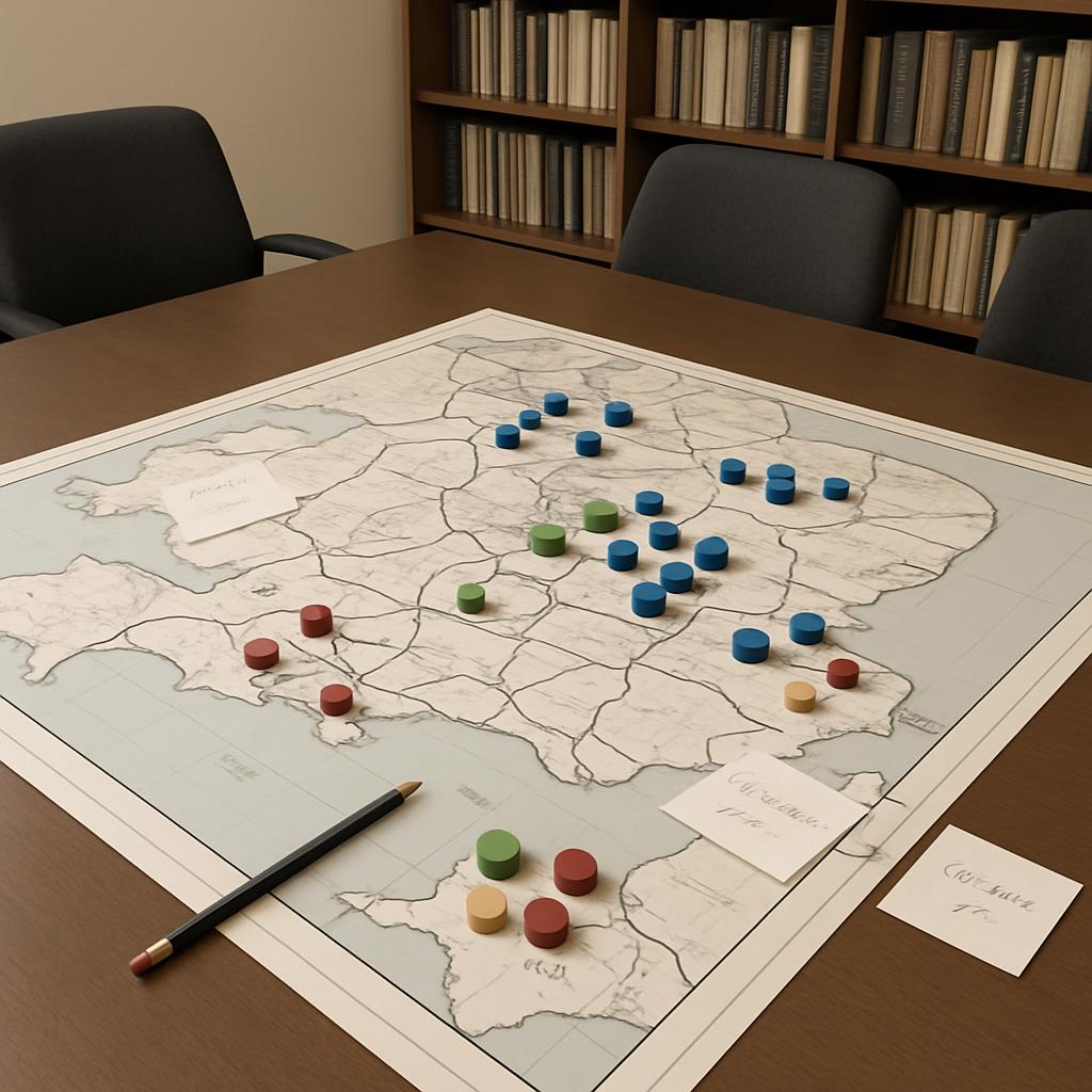 A gaming table with a board map and multicolored game pieces, set against a librarian’s office background.