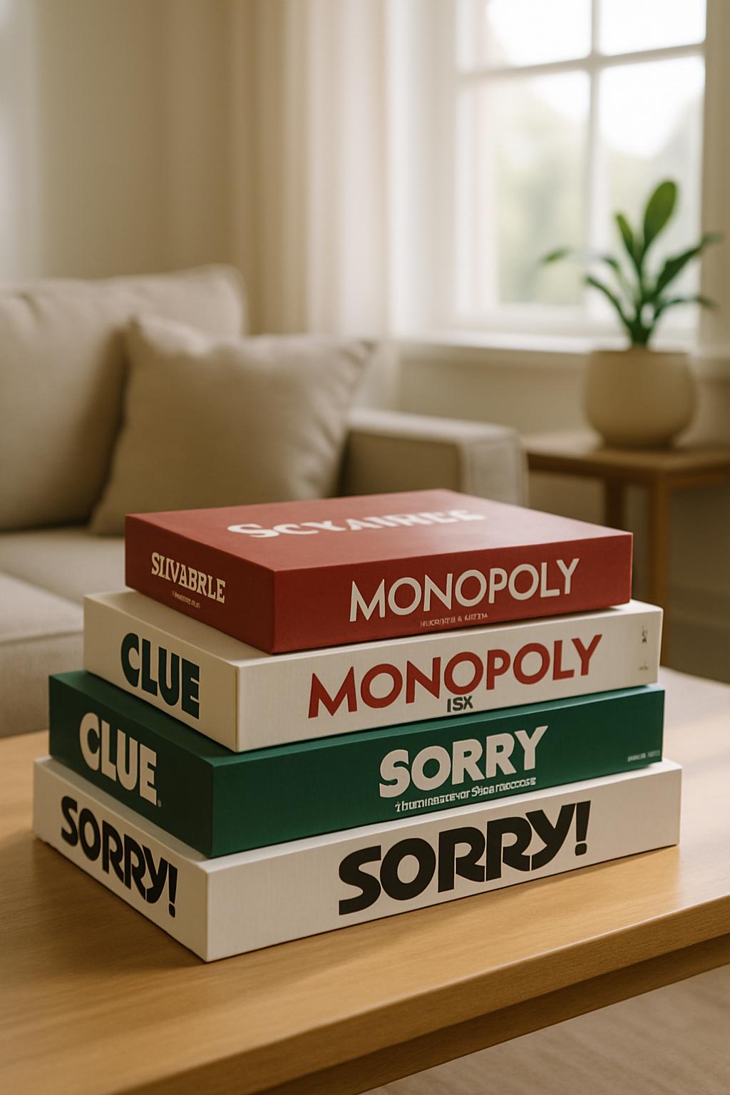 A stack of board game boxes on a light wooden table with a couch behind them, with a windowsill and plant in the background.